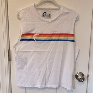 ZYIA White Sleeveless Tank with Rainbow Chest Stripes